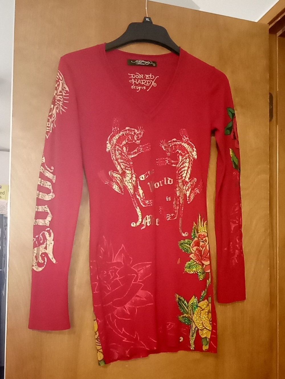 Ed Hardy Red Long Sleeve V-Neck with Gold Tiger & Florals, Sequins